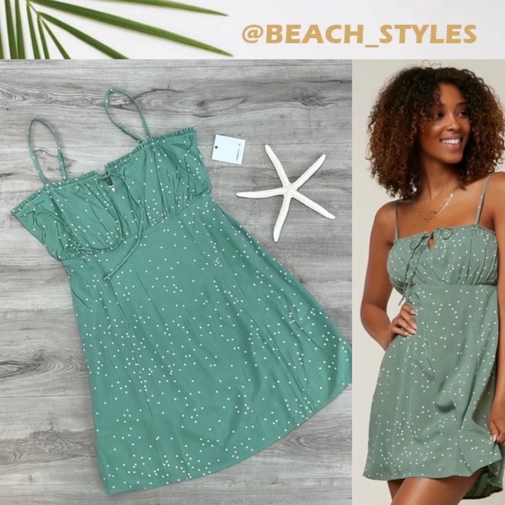 NEW O'Neil Sage Green Polka Dot Spaghetti-Strap Dress